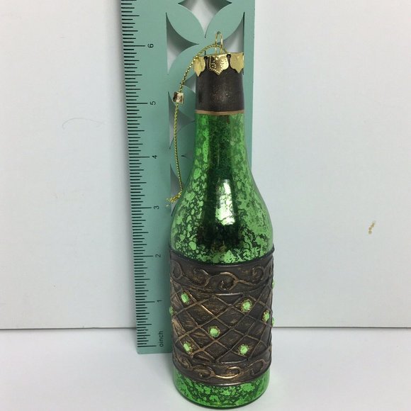 Wine Bottle Christmas Holiday Glass Ornament With Stones Green Ornate 6" Hanging - Picture 9 of 12